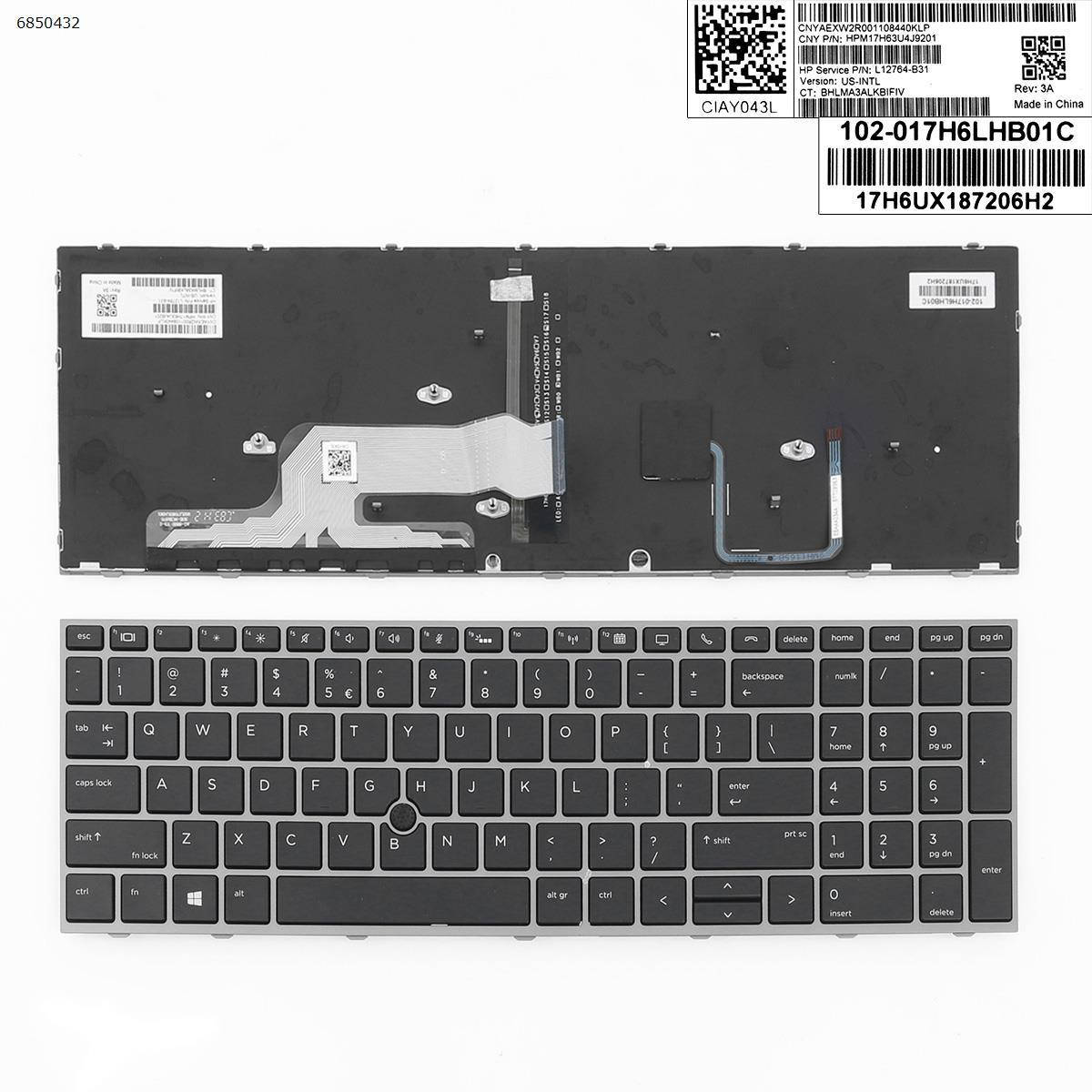 

Клавиатура для HP ZBook 15 G5 17 G5, US, (с подсветкой, с поинтстиком, черная, серая рамка, Original)