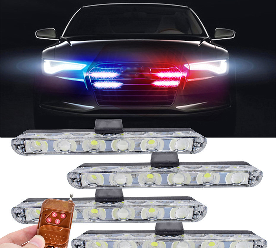 

Светодиодный стробоскоп в радиаторную решетку, полицейская мигалка (красно-синие, пульт ДУ, 6LED 4шт.)