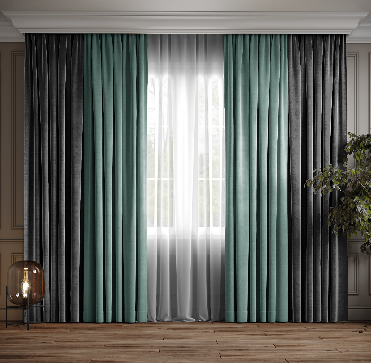 

Красивые шторы микровелюр. Шторы двухцветные: графитовый (темно-серый) с бирюзовым. Шторы в спальню, зал