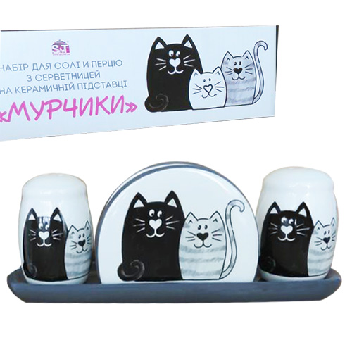 

Набор для соли и перца с салф. на кер. подставке 'Мурчики' (22,5*7*8см)