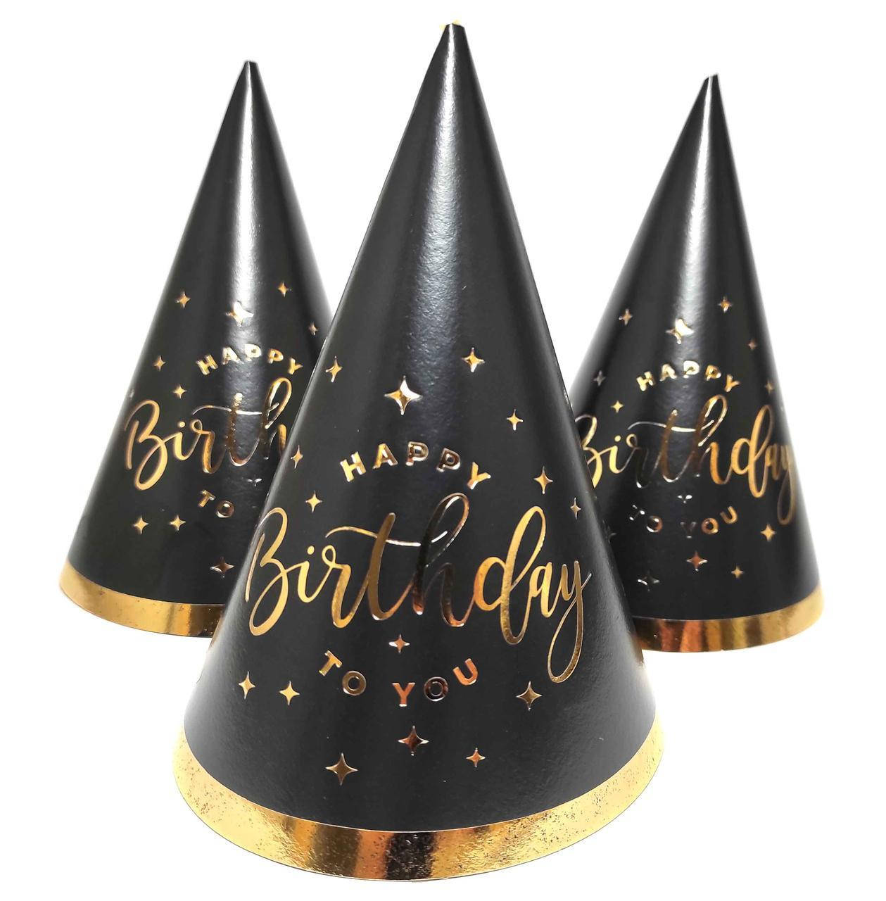 

Колпачок праздничный с тиснением "Happy Birthday золото на чёрном", 10 шт/уп, Черный