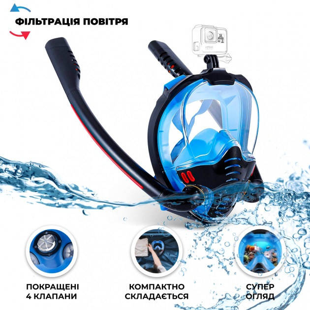 

Маска для плавания S/M VelaSport 5.0 Double Снорклинга Ныряния Полнолицевая с трубкой для купания Черносиний