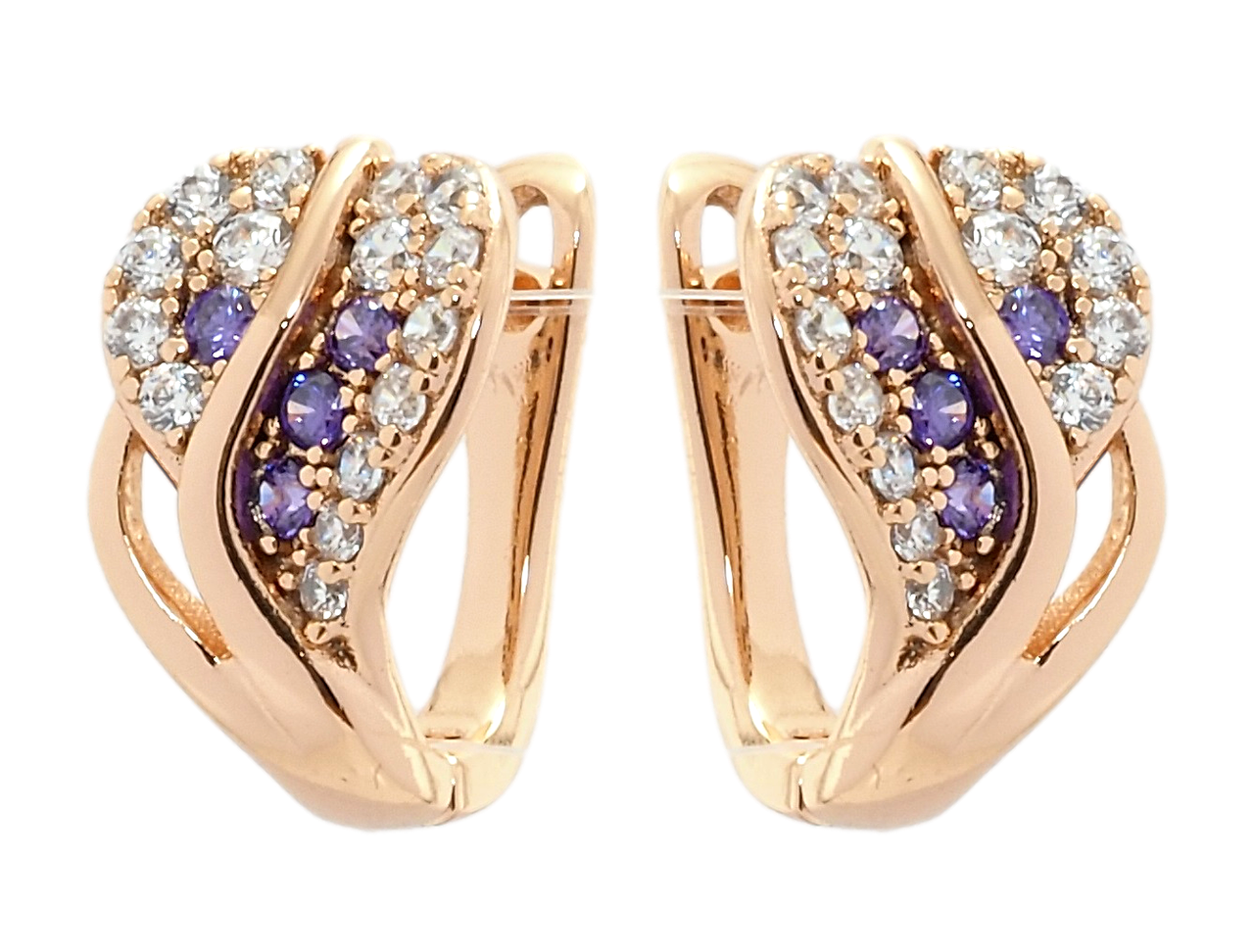 

Серьги Xuping Позолота РО английский замок "Листики с бело-сиреневым цирконием"