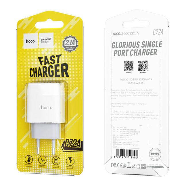 

Сетевое зарядное устройство Hoco C72A Glorious 1USB, 2.1A, Белый