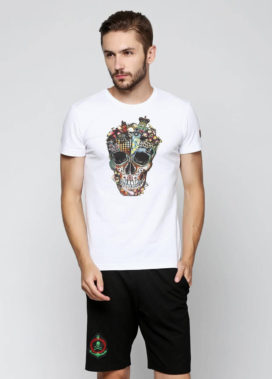 

Стильная белая футболка мужская с принтом хлопковая