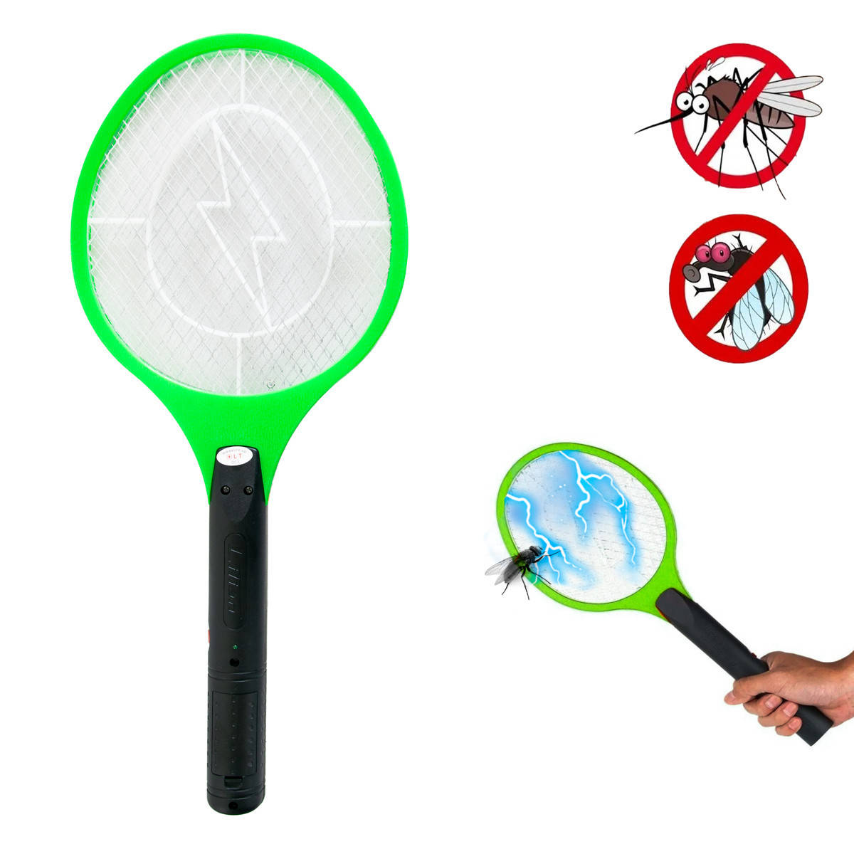 

Электромухобойка на батарейках Зеленая с белой молнией 51х21см, ракетка мухобойка электрическая от мух (NV)