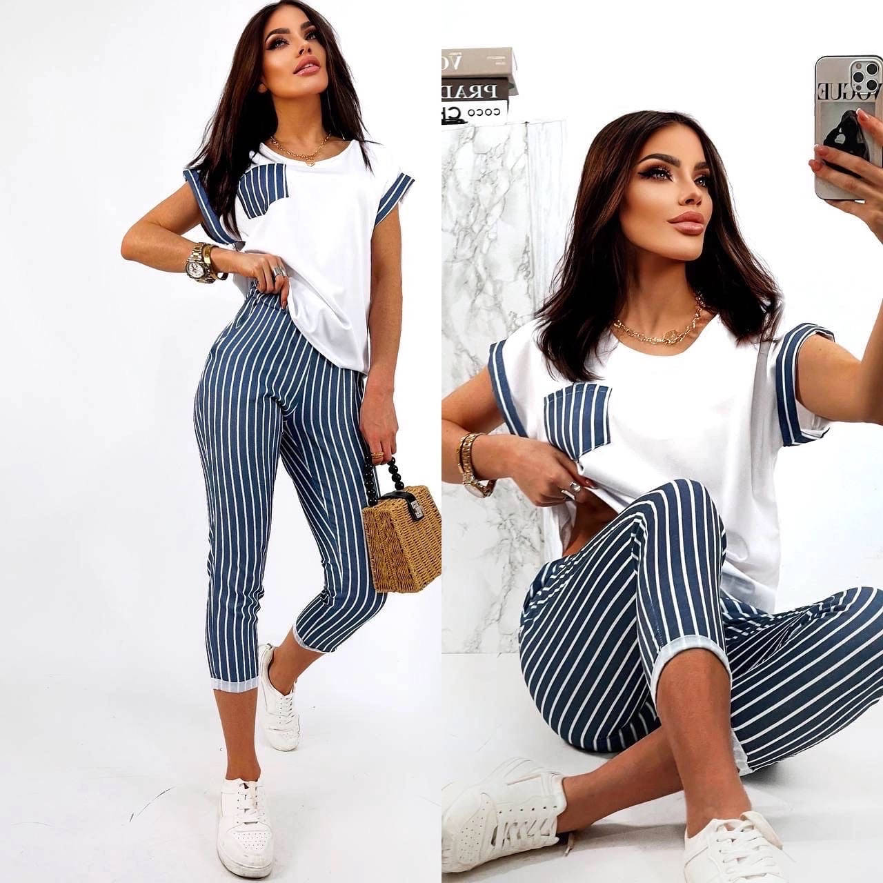 

Костюм женский футболка и штаны в полоску. Костбм женский прогулочный штаны и футболка 42 44 46 48, Черный