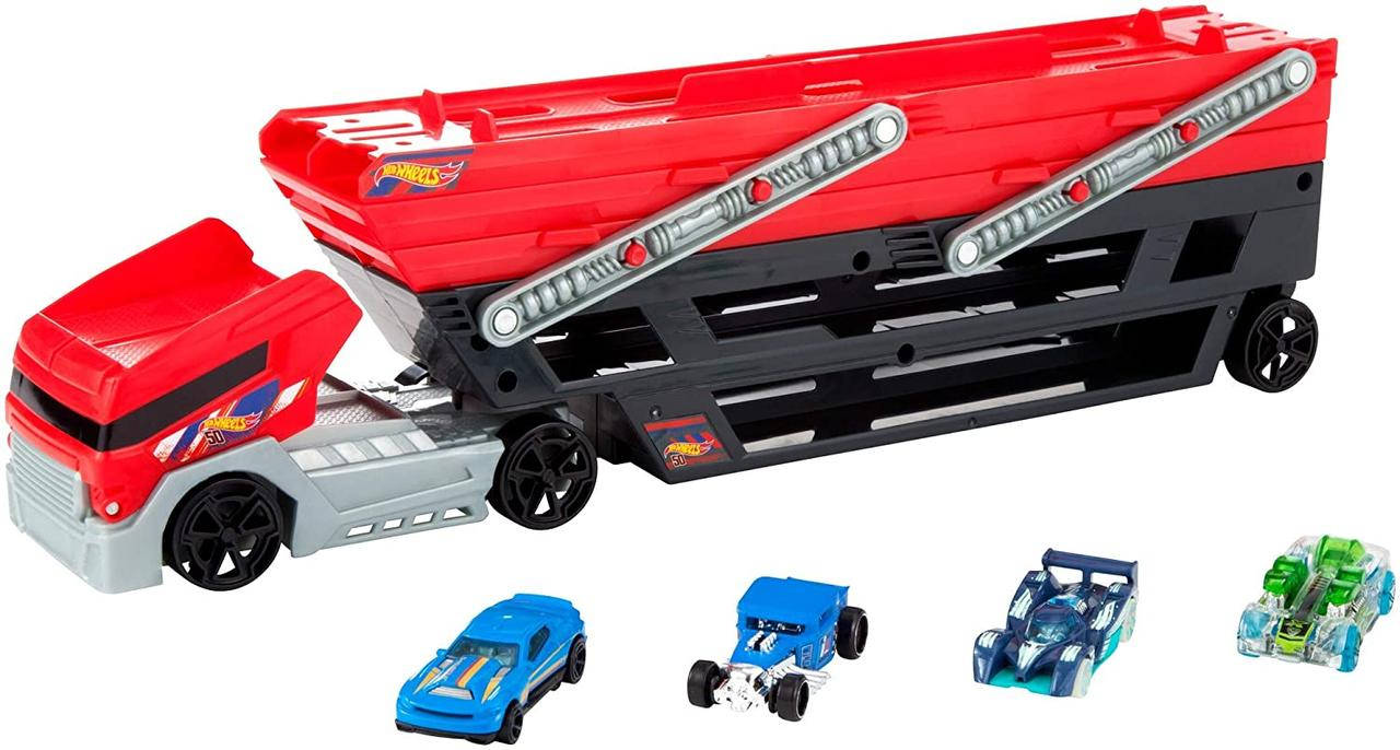 

Автовоз Трейлер Хот Вилс Грузовик Транспортер и 4 машинки Hot Wheels Mega Hauler Truck-4 Cars (FPM81) оригинал