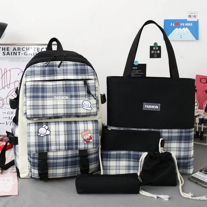 

Школьный подростковый рюкзак, Набор 5в1 школьный рюкзак, шоппер, пенал, клатч, сумочка-мешок для девочки, Черный