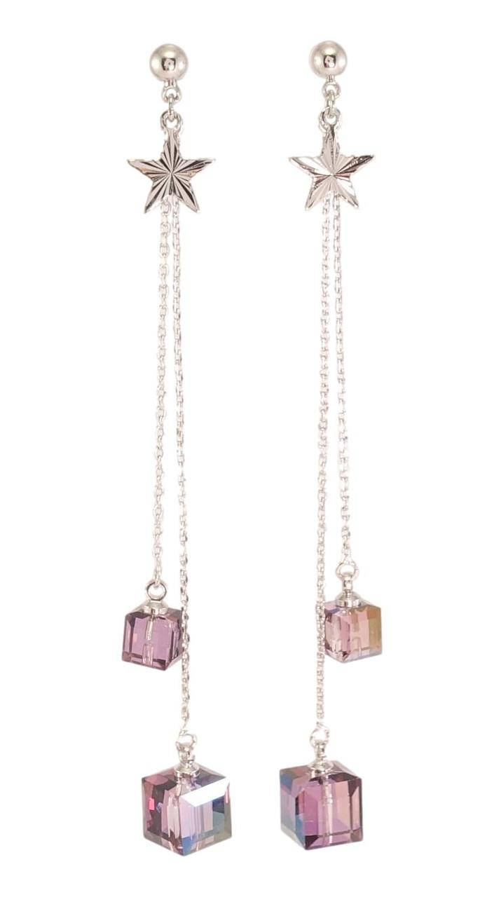 

Серьги Xuping Родий с кр-ми Swarovski подвески на гвоздике (пусеты) "Кристальные кубики Amethyst на цепочках"