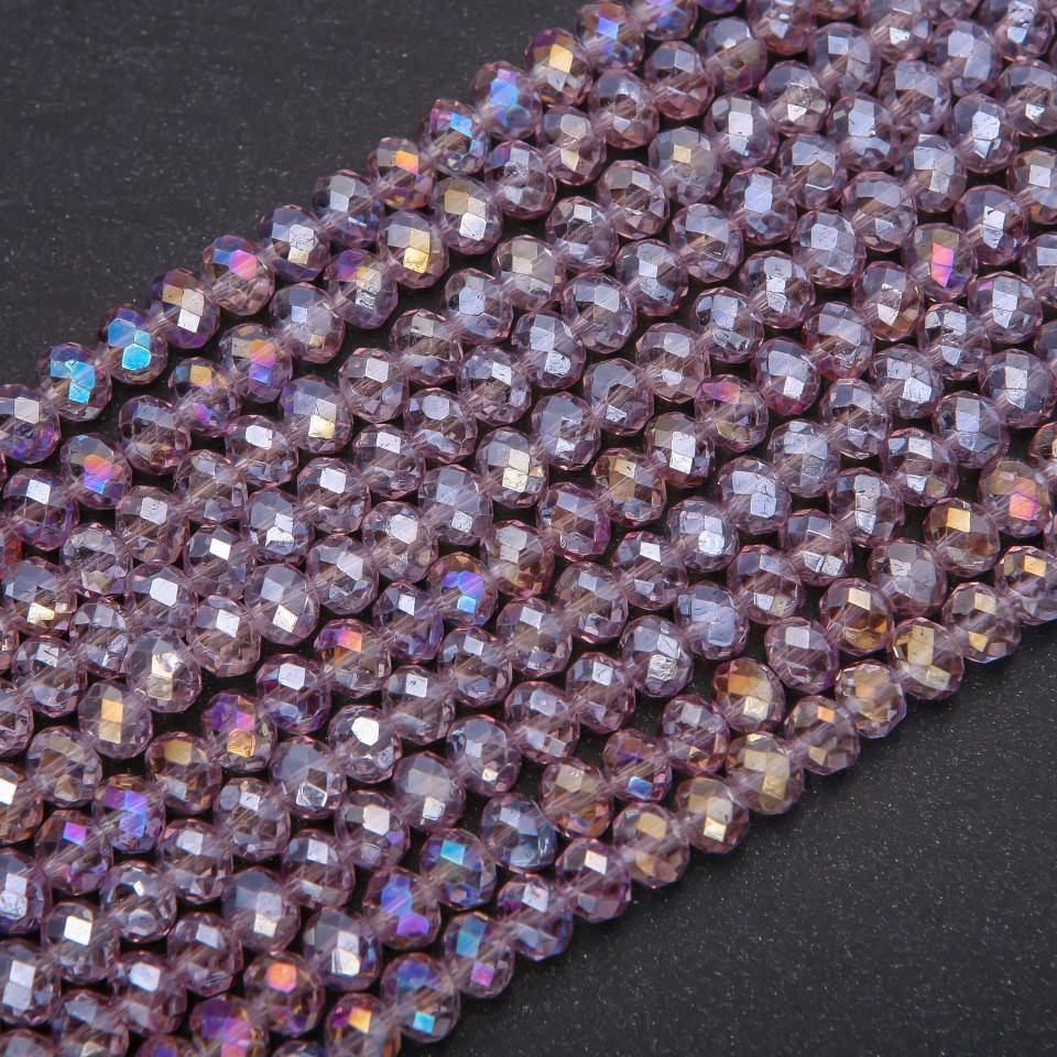 

Бусины стекло прозрачное бледно сиреневое с напыление бензин "рондель" d-6х4мм нитка L-38см, Сиреневый