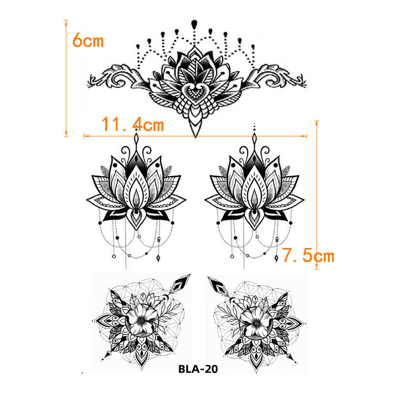 

Флеш тату. 21*15 см. Временная. Переводная, Мехенди, Менди, Цветы, Набор, Под Грудь, BLA-020 (S), Ч/Б