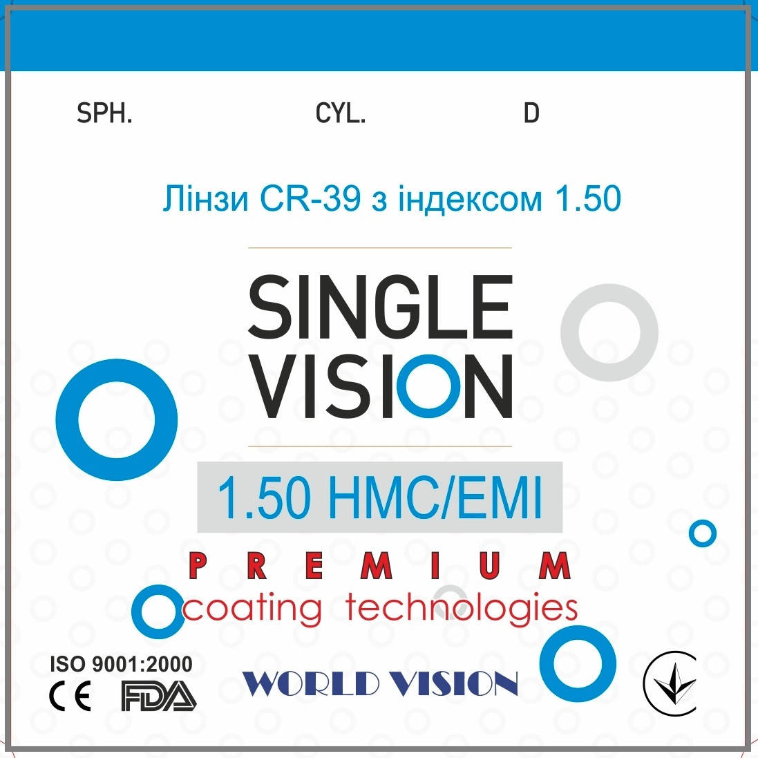 

Линза для очков CR-39 VISON™ с индексом 1,50 Астигматические (покрытие HMC+EMI)