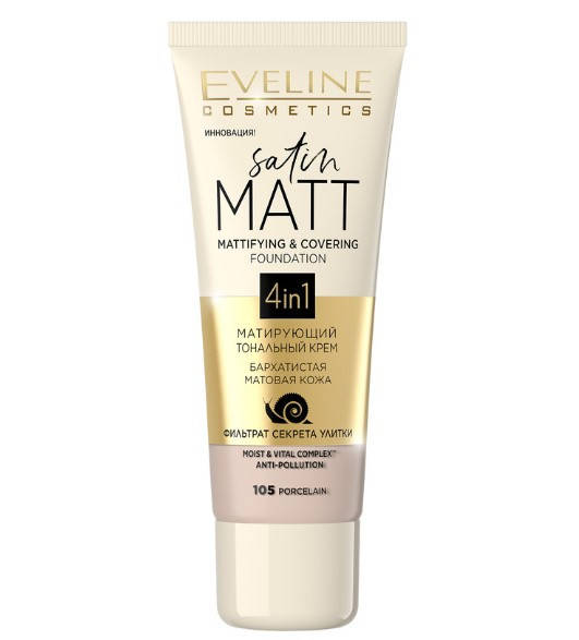 

Матирующий тональный крем Satin Matt 4 in 1 Eveline Cosmetics, 30 мл Эвелин 105 porcelain