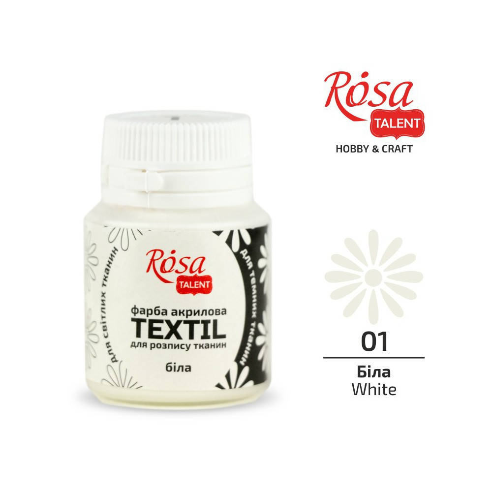 

Фарба акрилова для тканин, Біла (01), 20мл, ROSA TALENT