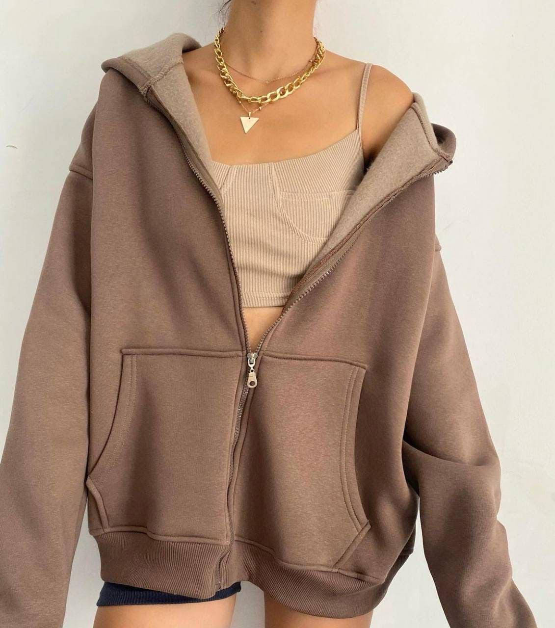 

Женское оверсайз худи на молнии с капюшоном, в расцветках, Кофе с молоком