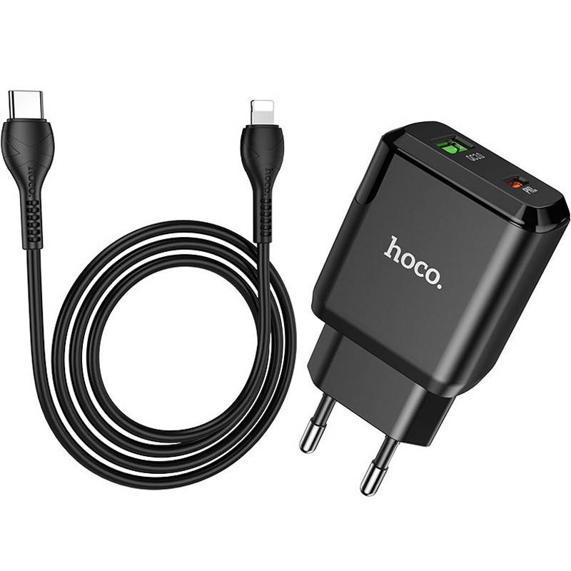 

СЗУ 1USB + Type-C Hoco N5 PD20W+QC3.0 Black + Cable Type-C to Lightning, Черный
