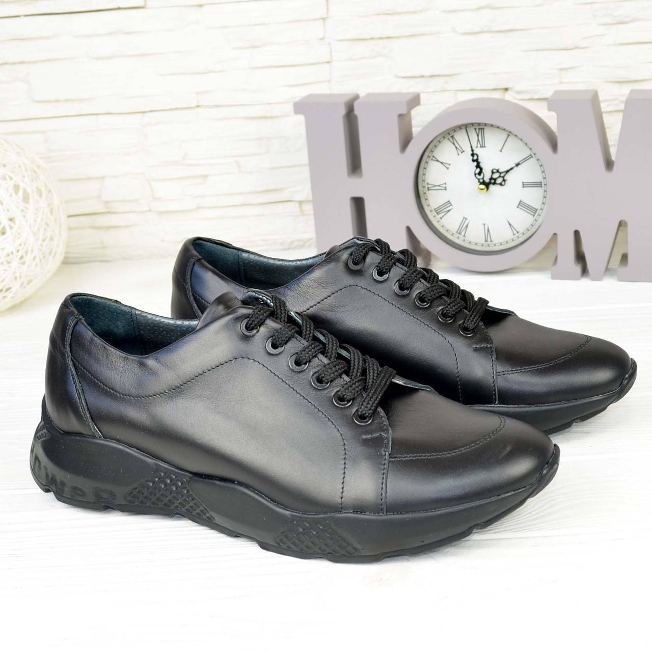 

Мужские черные кожаные кроссовки на шнуровке, Черный