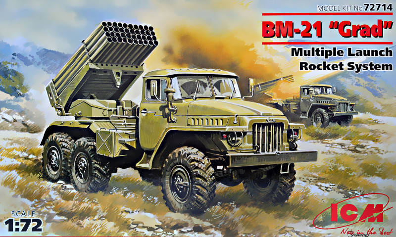 

Сборная модель в масштабе 1/72. Реактивная система залпового огня БM-21. ICM 72714