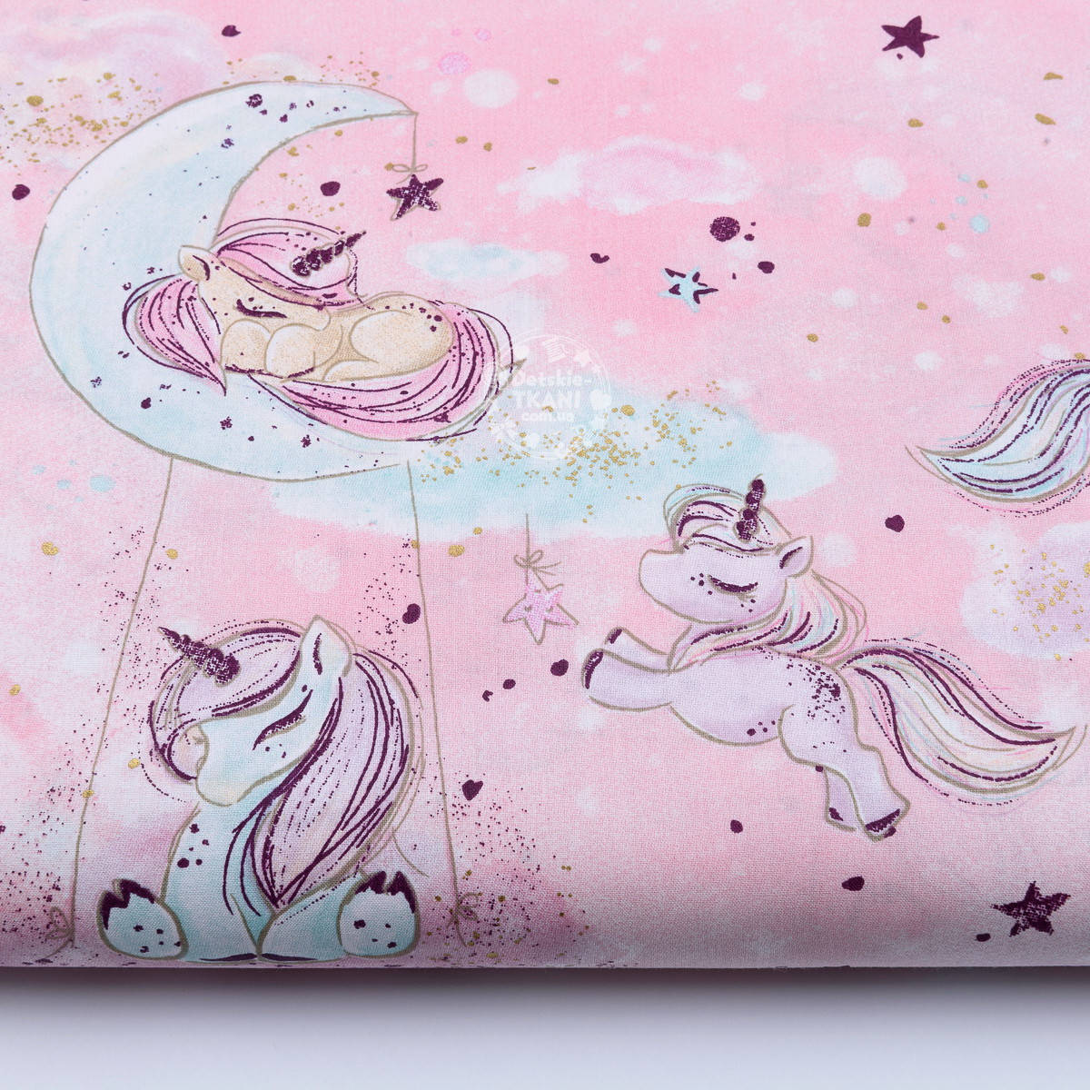 

Ткань хлопковая "Единороги на качелях из облаков" мятные на розовом, коллекция Exclusive glliter, №1882а