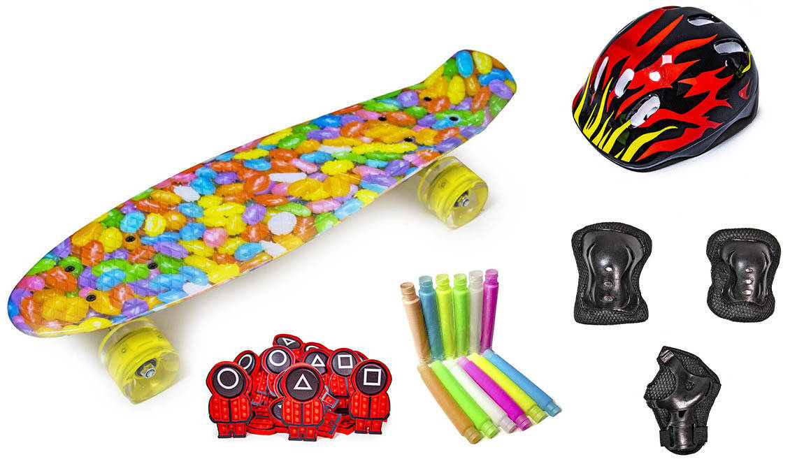 

+ШлемВ + Защита + Пенни Борд Penny Board 22Д с игрушками Карамель Желтый цвет Светящиеся колеса