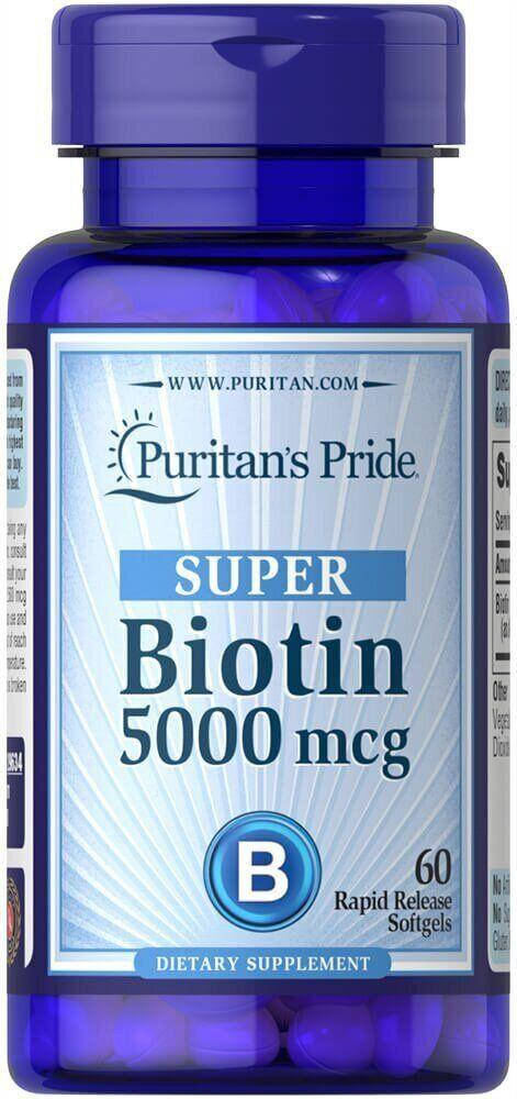 

Биотин, Biotin, Puritan's Pride, 5000 мкг, 60 капсул