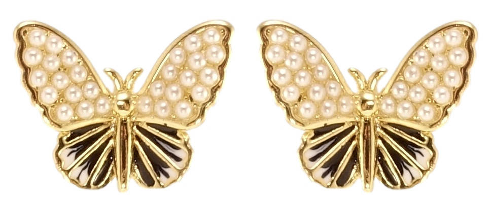 

Серьги Xuping QQMM Позолота 14K игла серебро 925 гвоздики (пусеты) "Бабочки с мелким жемчугом и черной эмалью"