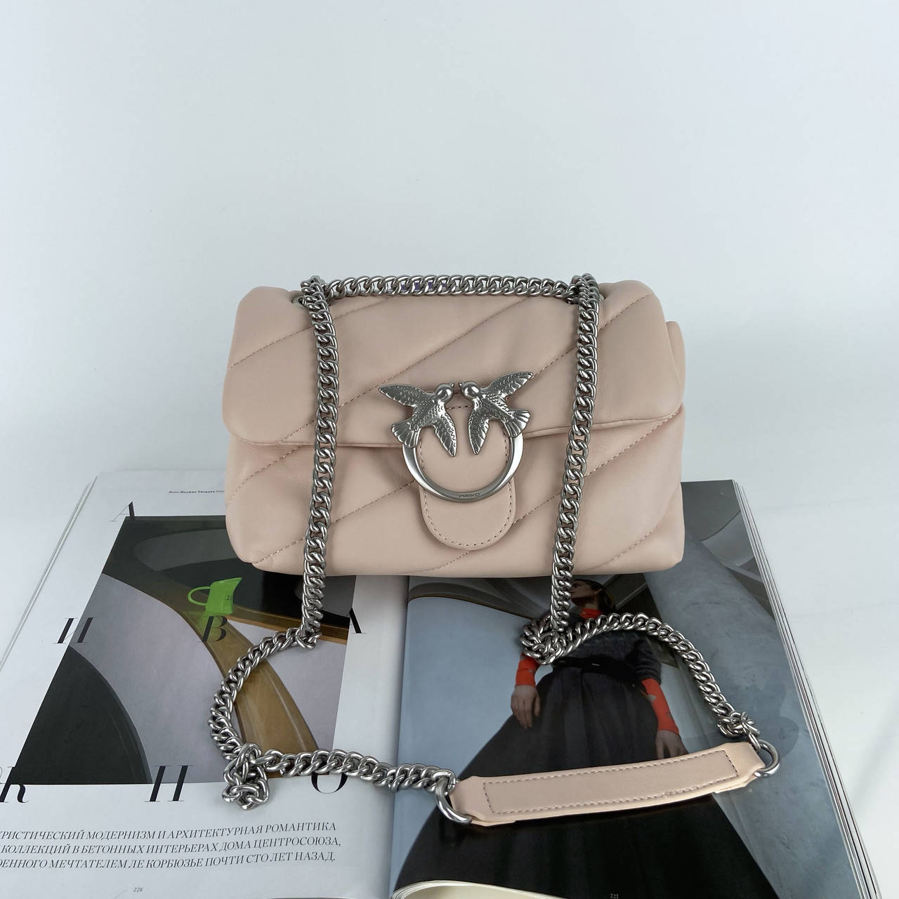 

Женская сумка клатч на и через плечо на цепочке Pinko Love Bag Puff Пинко, Пудровый