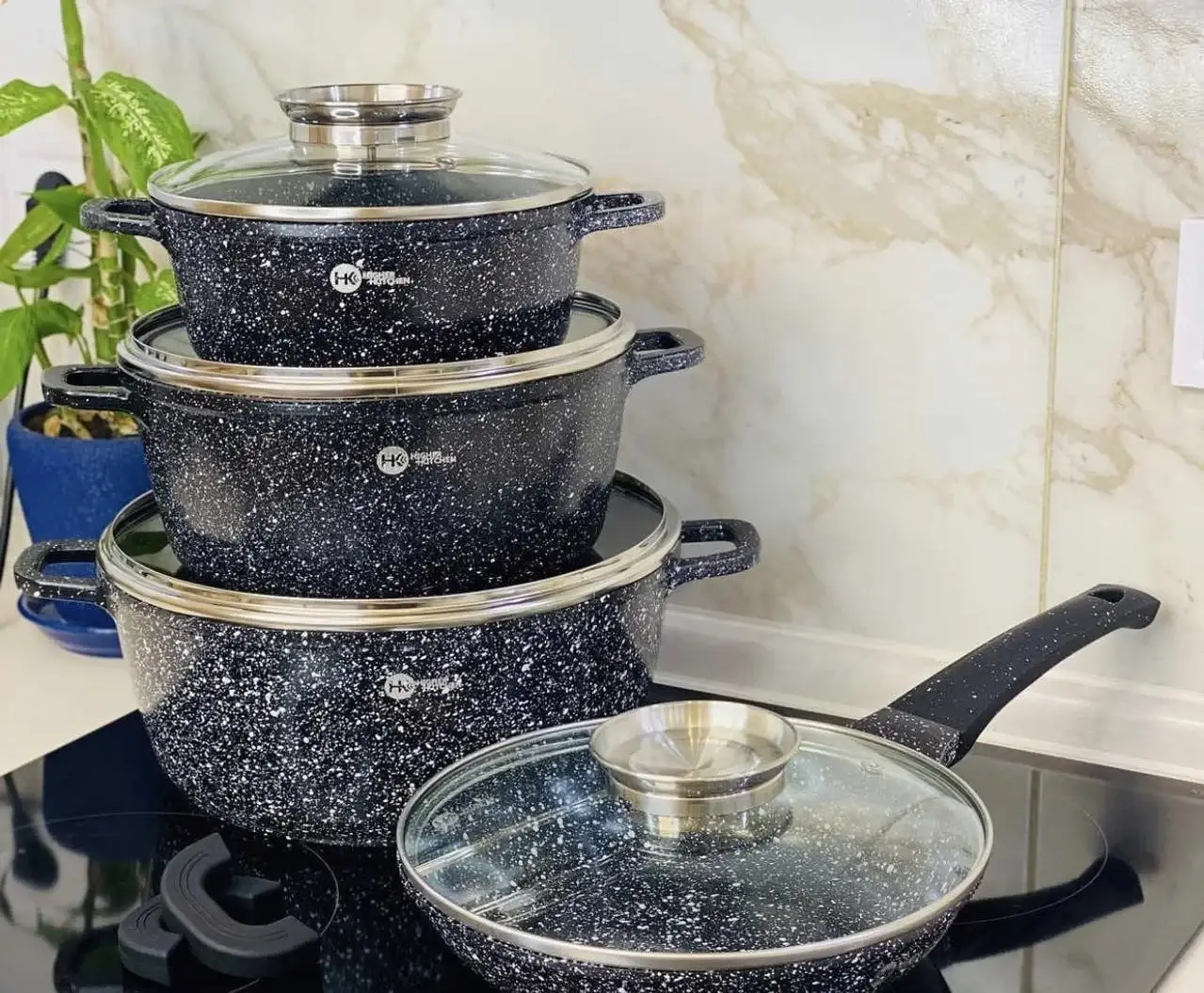 

Набор кастрюль и сковорода Higher Kitchen HK-310 ЧЕРНЫЙ Набор посуды с гранитным антипригарным покрытием