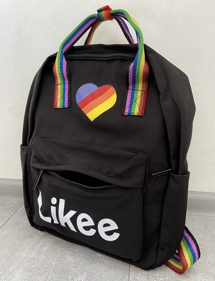 

Рюкзак в стиле канкен с радужными ручками likee лайки чёрный портфель сумка, Черный