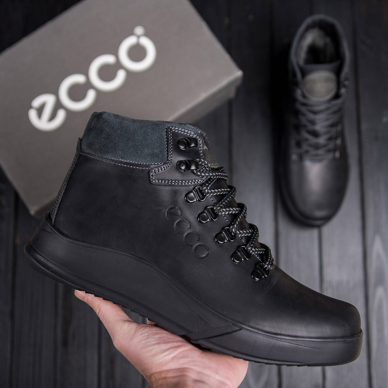 

Зимние кожаные спортивные ботинки, кроссовки на меху Ecco Nubuck Black, Черный