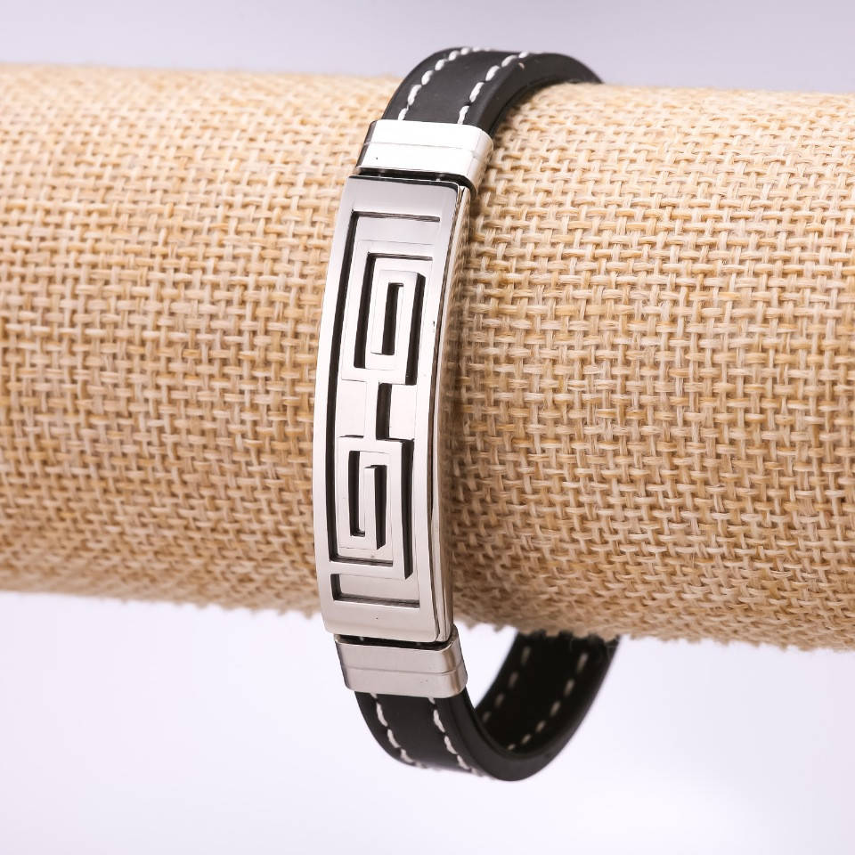 

Браслет мужской "каучук" планка Греческий узор L-20см s-10мм цвет "родий"