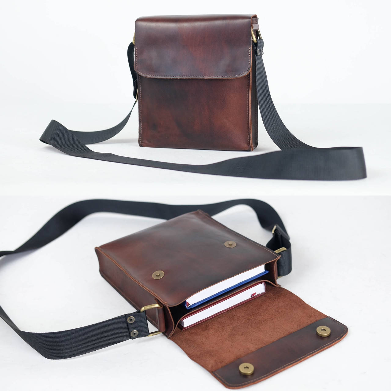 

Мужская сумка на 2 отдела из натуральной кожи итальянский краст вишневая, Коричневый