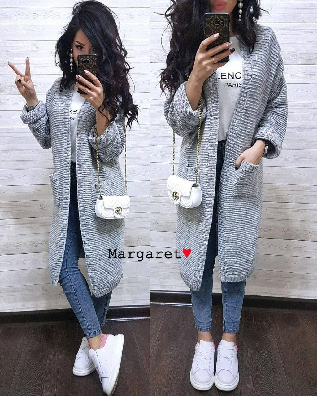 

Вязаный удлиненный женский кардиган с карманами 9pk136 серый