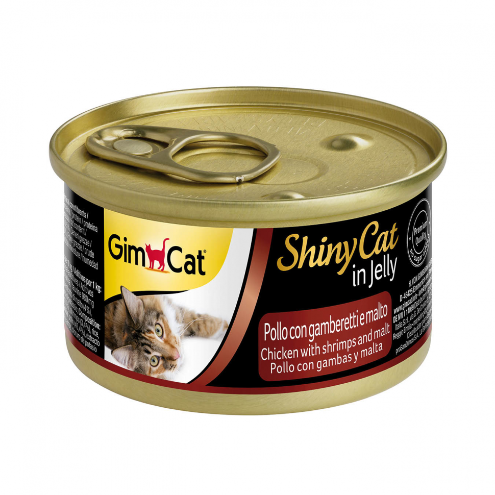 

Влажный корм для кошек GimCat ShinyCat с курицей, креветками и солодом в желе 70 г