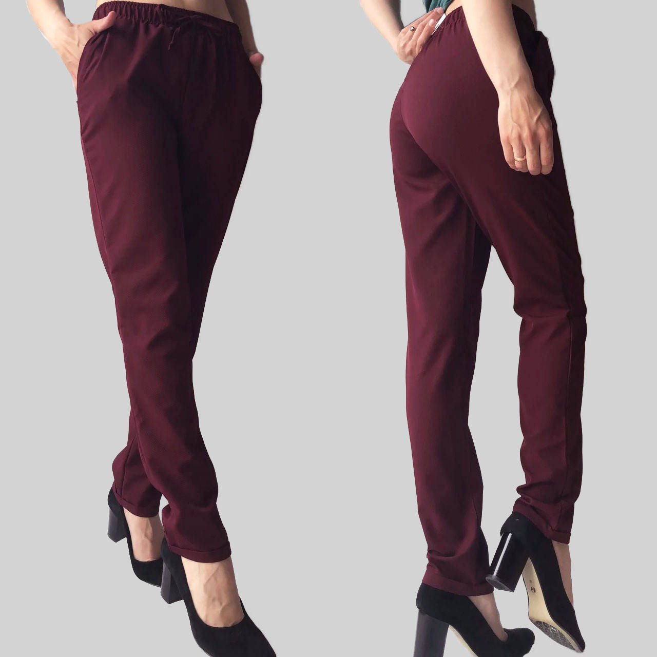 

Летние штаны женские брюки султанки на резинке бордовые рубчик 46, Бордовый