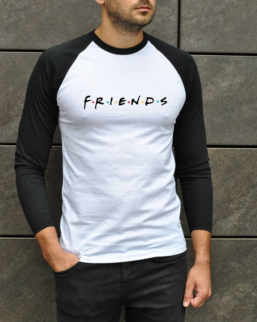 

Мужская классическая футболка Friends из хлопка с рукавом 3/4 белая с черными рукавами