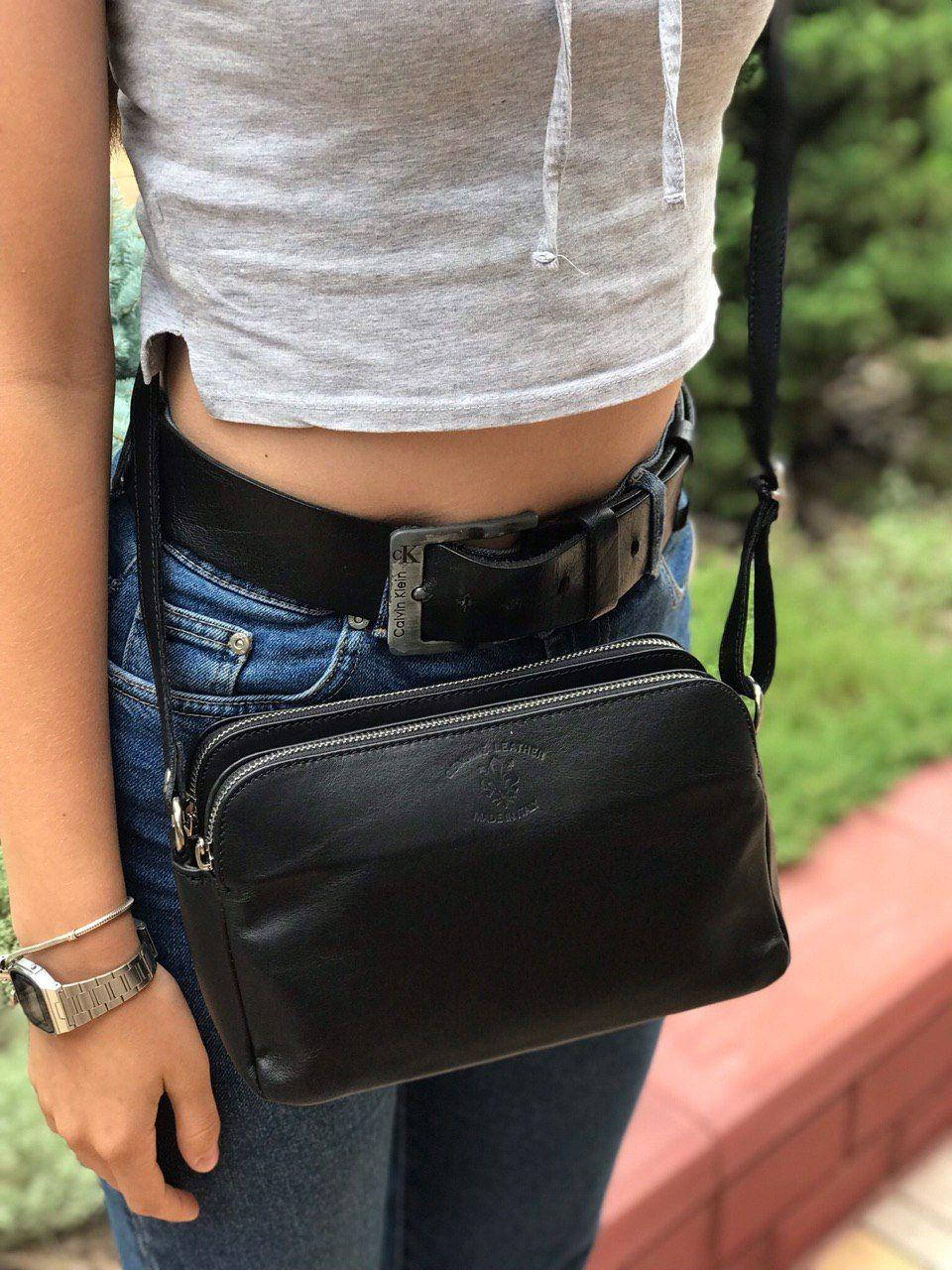 

Женская итальянская кожаная сумка через плечо на три отделения Vera Pelle, Черный