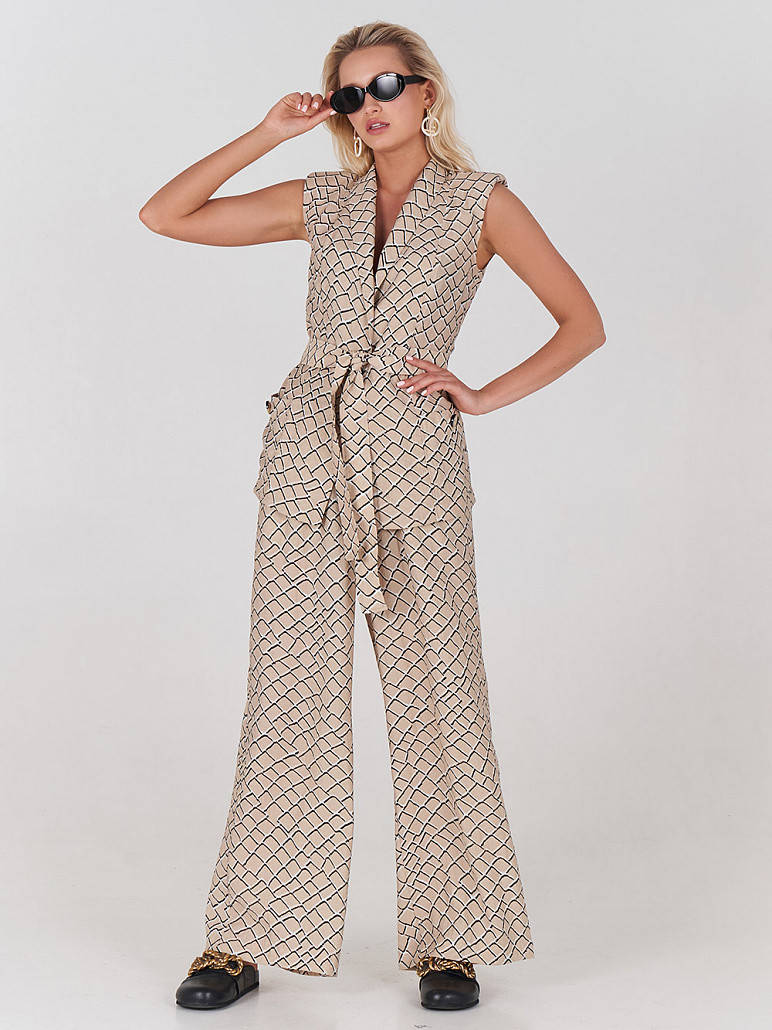 

Брюки Токи льняные принтованые палаццо бежевые летние SOLH MKSH2685, Бежевый