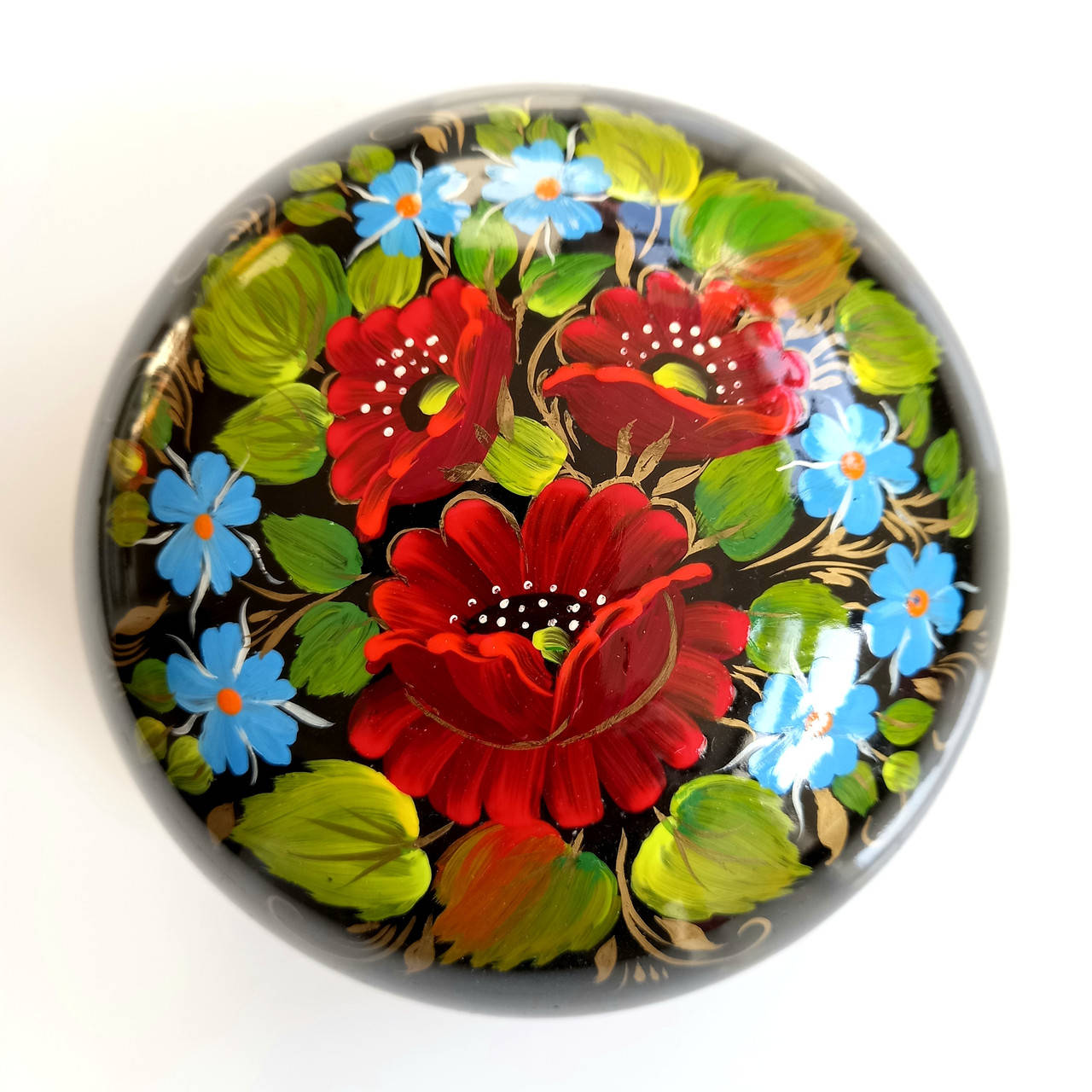 

Шкатулка Маки , петриковская роспись , круглая , диаметр 14 см., Разные цвета