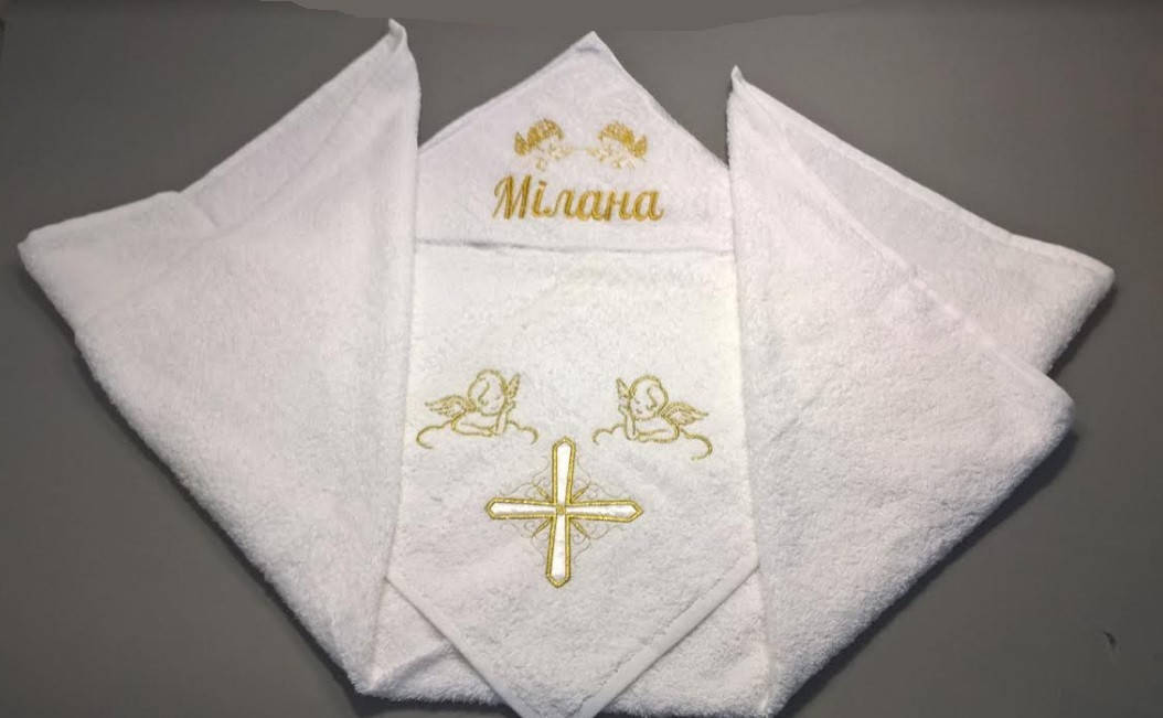 

Крыжма махровая именная с уголоком, 100х100 золотом Мілана, Белый