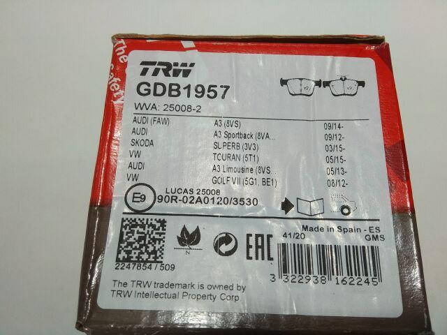 

Колодки задние тормозные VAG 12-, TRW (GDB1957)