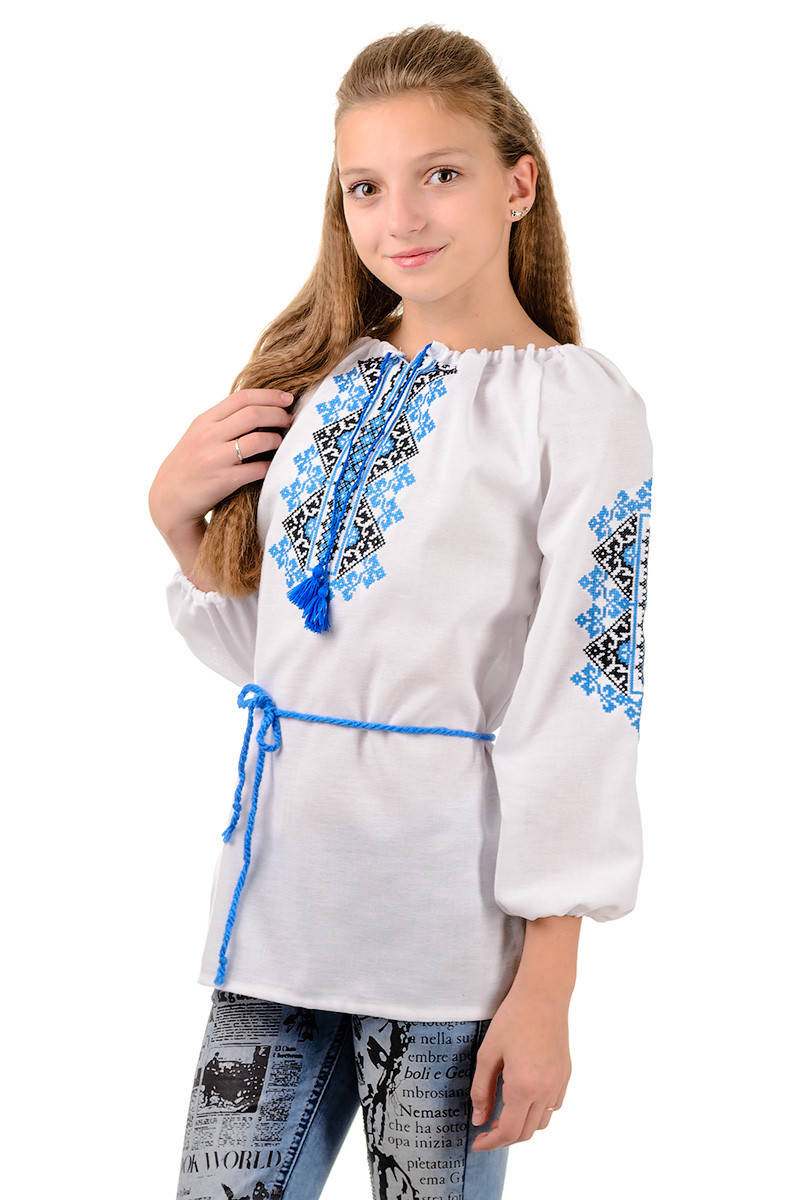 

Вышиванка для девочки Украиночка (голубой орнамент), 34р (рост 128)