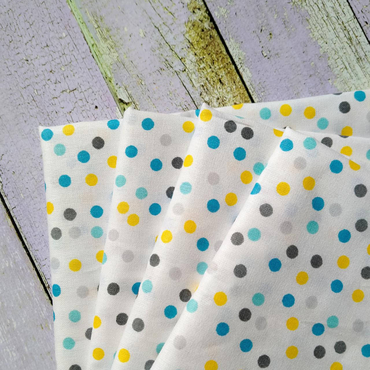 

Ткань хлопок разноцветный горошек желтый,серый,голубой