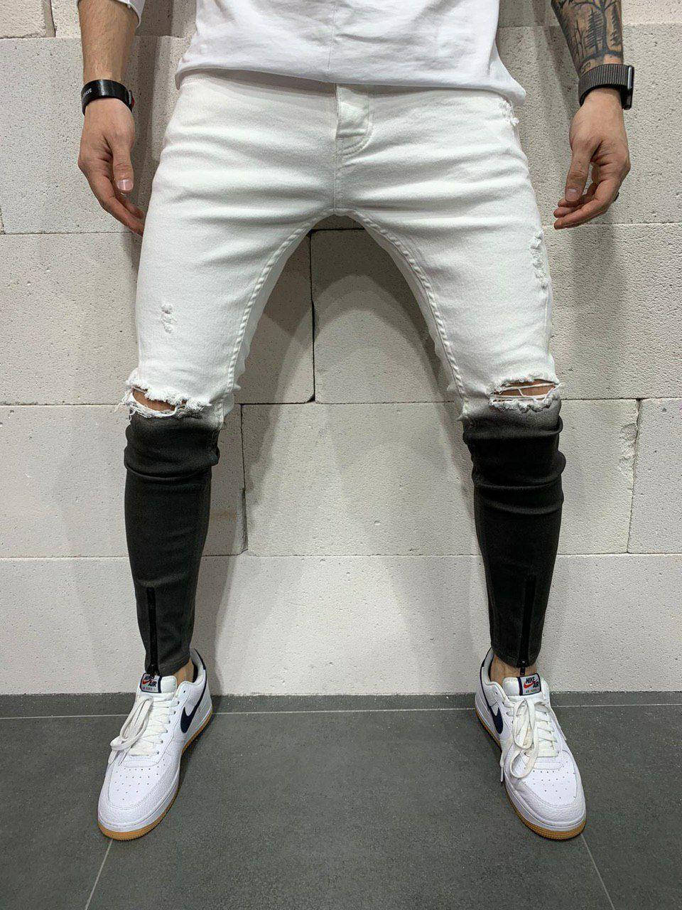 

Мужские рваные белые джинсы с черным зауженные к низу slim fit Турецкие 2Y PREMIUM