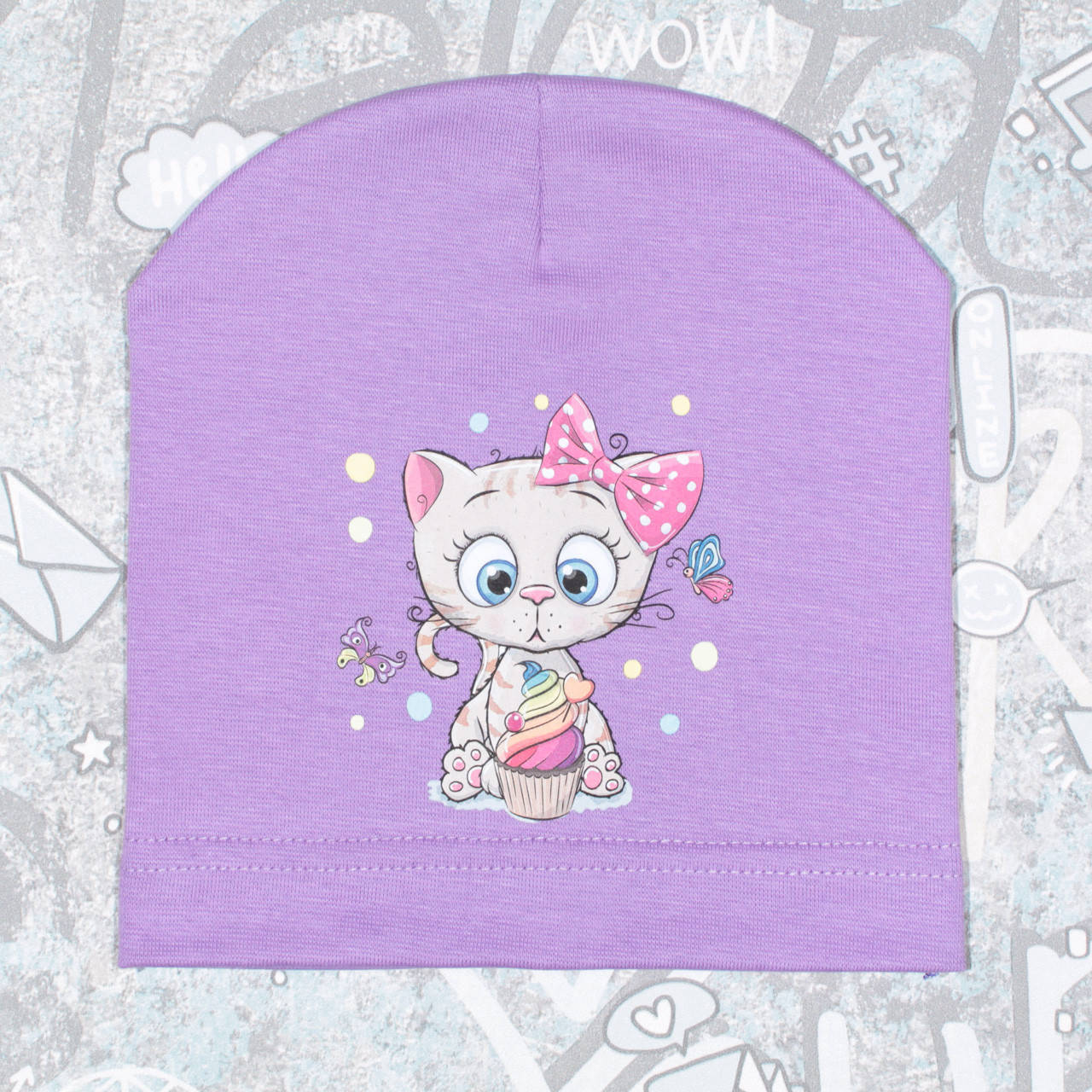 

Шапка на Девочку Трикотажная - Котенок Одинарная лаванда, Разные цвета