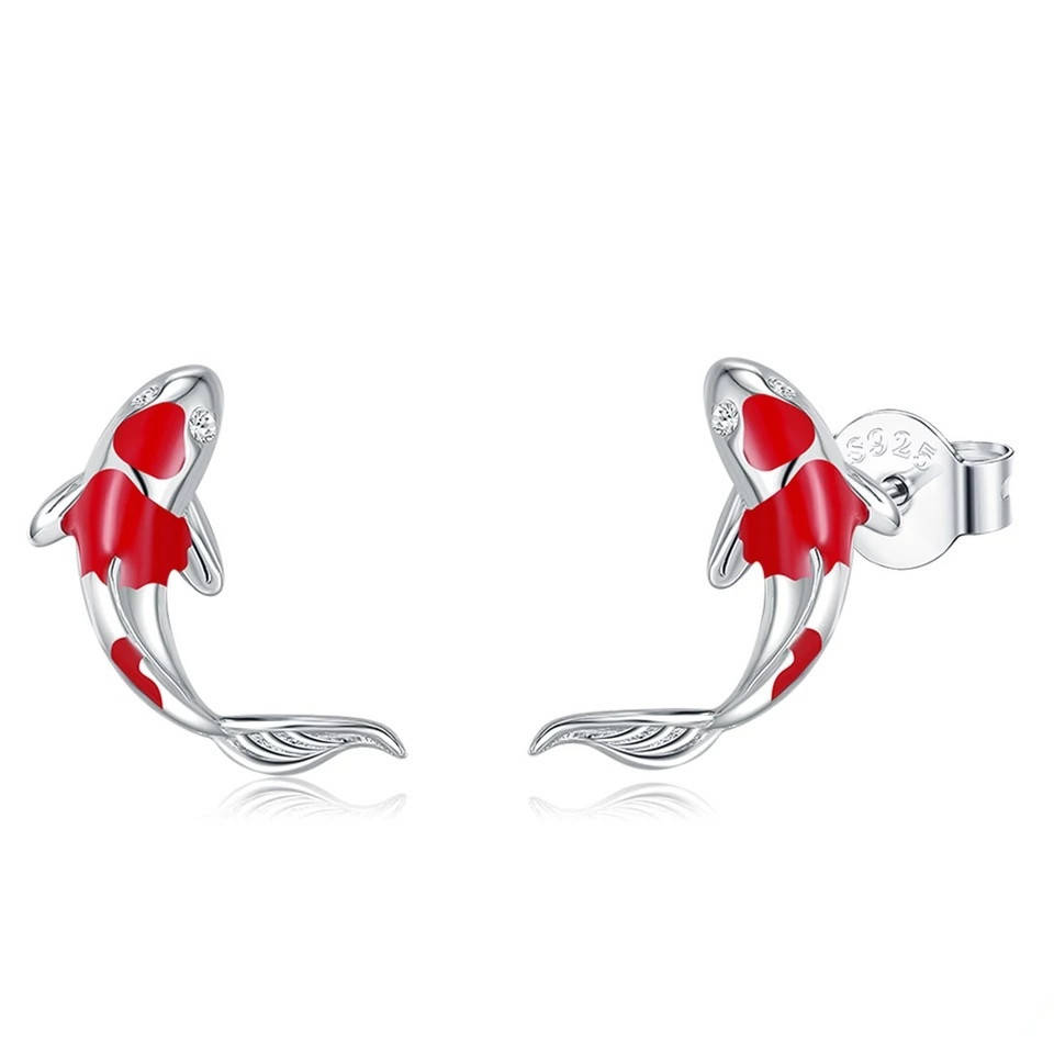 

Серебряные серёжки рыбки Koi, камни циркон.