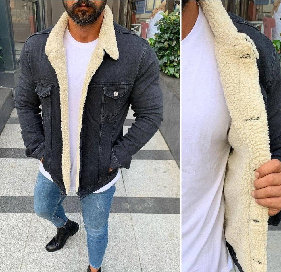 

Утепленная мужская джинсовая куртка на меху черного цвета (чёрная) турецкая джинсовка зима осень весна