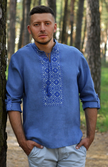 

Мужская вышиванка, синий лен
