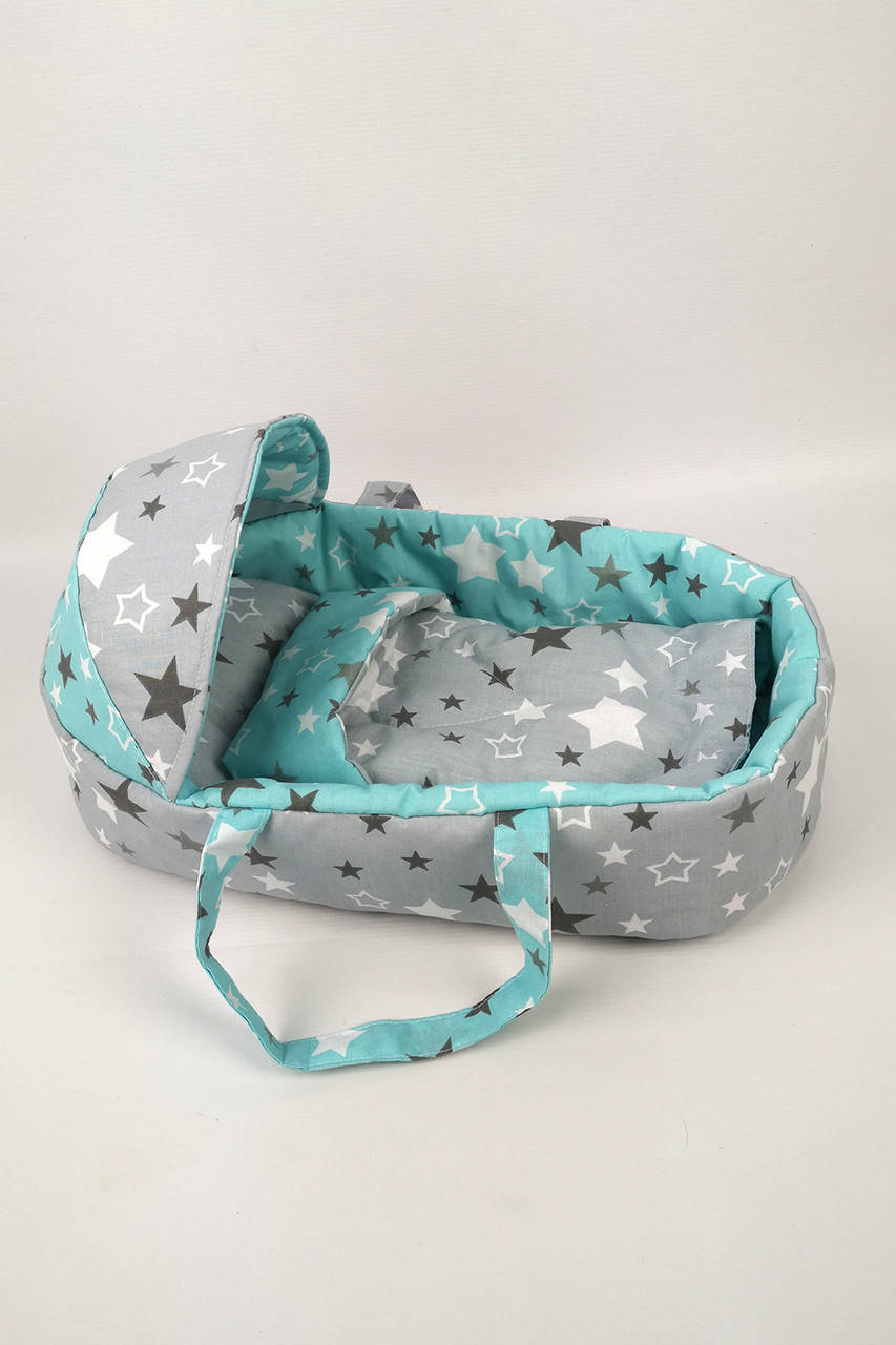 

Переноска для куклы 40 - 45 см - Колыбелька бирюзово-серая